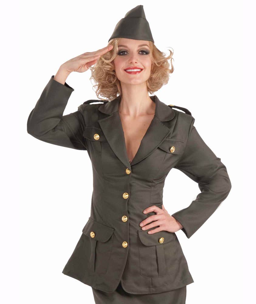 Khaki Green WWII Women's 1940's Army Costume - Close Up Image