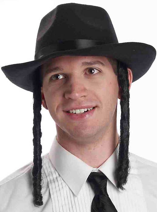 Black Feltex Jewish Rabbi Costume Hat with Attached Hair Curls