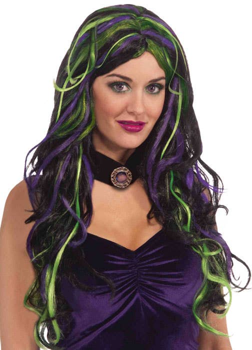 Long Curly Black, Purple and Green Streaked Women's Halloween Costume Wig