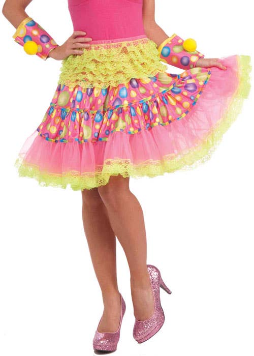 Women's Ruffled Yellow and Pink Costume Skirt with Rainbow Polka Dots - Alternative View