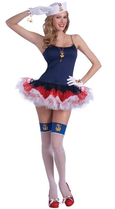 Women's Navy Blue Sexy Sailor Costume With Ruffled Red White And Blue Attached Skirt Main Image