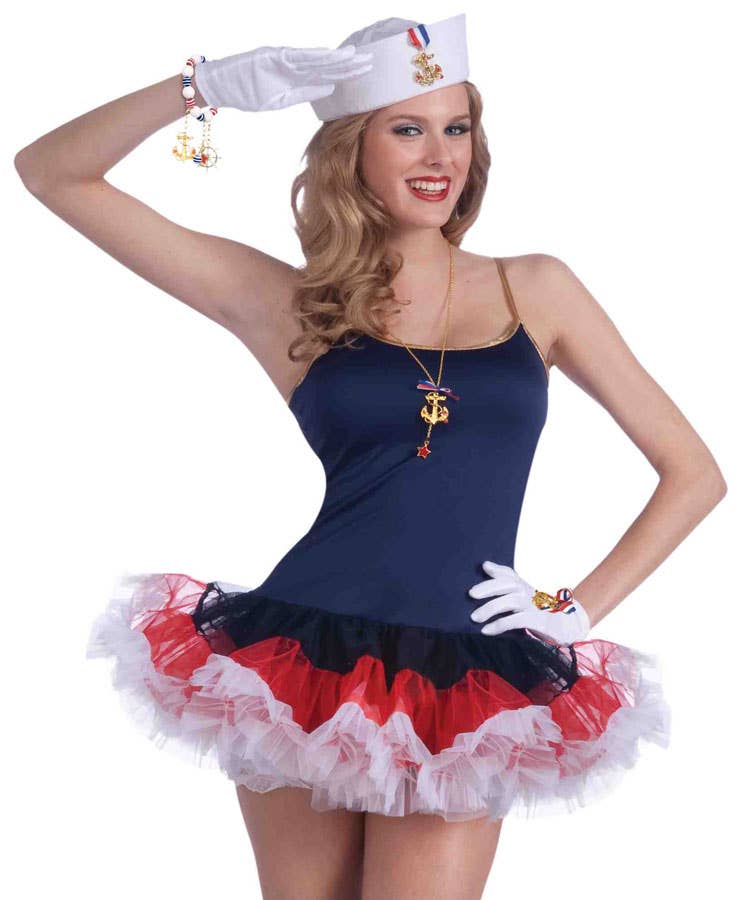 Women's Navy Blue Sexy Sailor Costume With Ruffled Red White And Blue Attached Skirt Close Up Image