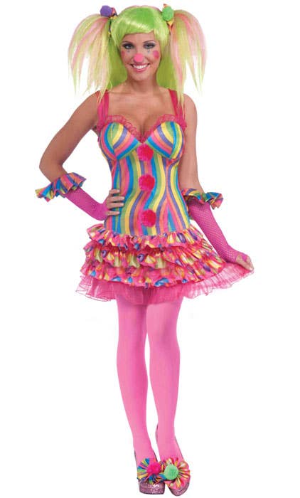 Rainbow Coloured Womens Sexy Circus Clown Costume - Main Image