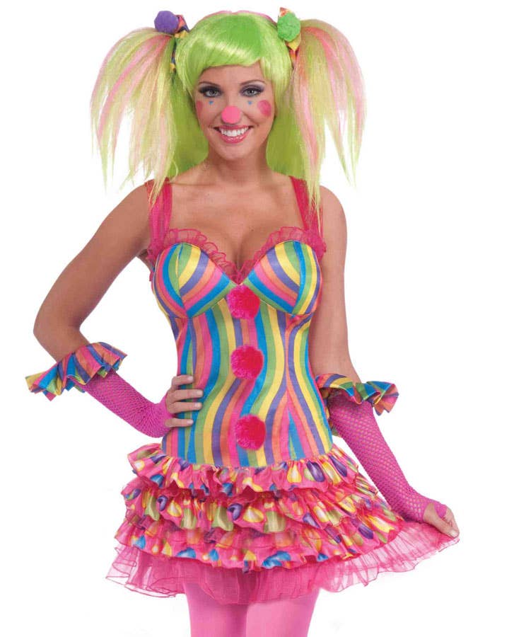 Rainbow Coloured Womens Sexy Circus Clown Costume - Close Image