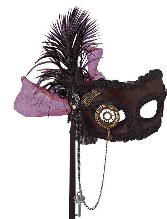 Steampunk Mask on a Stick Masqurade Mask with Feathers - Close Image