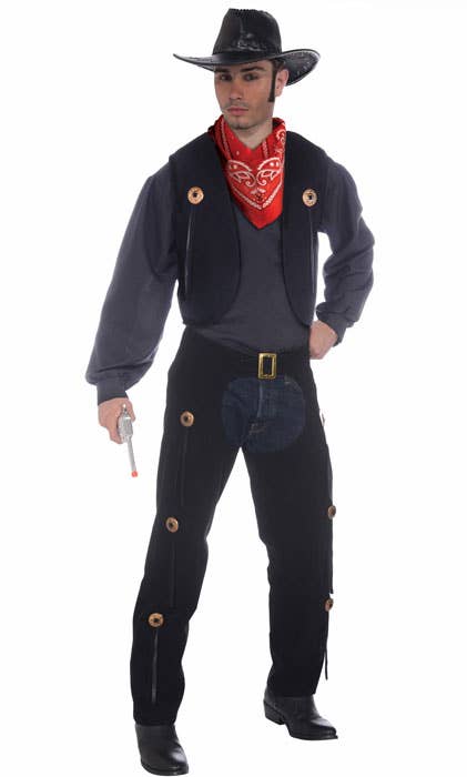 Men's Black Chaps and Vest Cowboy Costume Set - Main Image