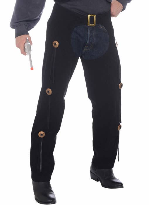 Men's Black Chaps and Vest Cowboy Costume Set - Close Up Image