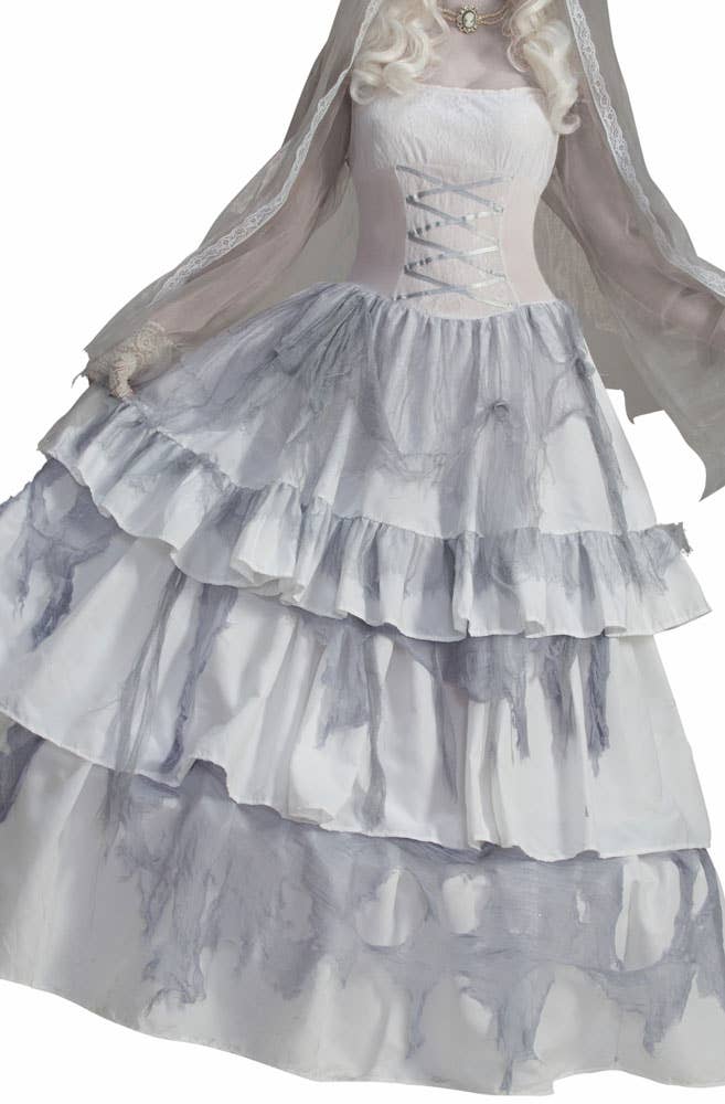 Tattered White and Grey Lace Victorian Ghost Bride Halloween Costume for Women - Close Up Image 