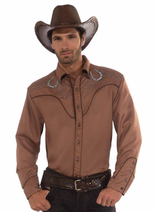 Deluxe Men's Brown Cowboy Costume Shirt - Close Up Image 