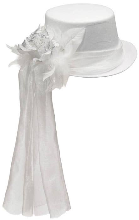 Adult's White Top Hat With Mesh Veil With Flower And Feathers Halloween Costume Hat Main Front Image 