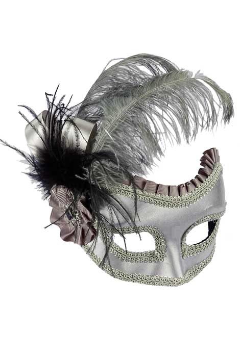 Metallic Silver Women's Masquerade Mask with Black and Silver  Side Feathers
