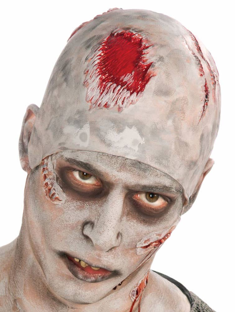 Corpse Grey Costume Bald Cap with Painted Red Wounds - Alternative Image