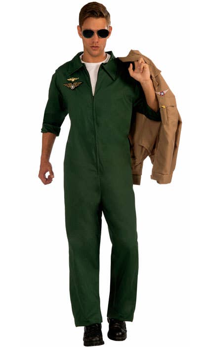 Men's Green Top Gun Flight Suit Costume Jumpsuit Front