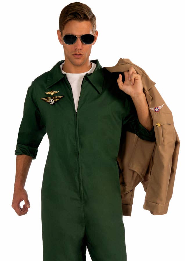 Men's Green Top Gun Flight Suit Costume Jumpsuit Close