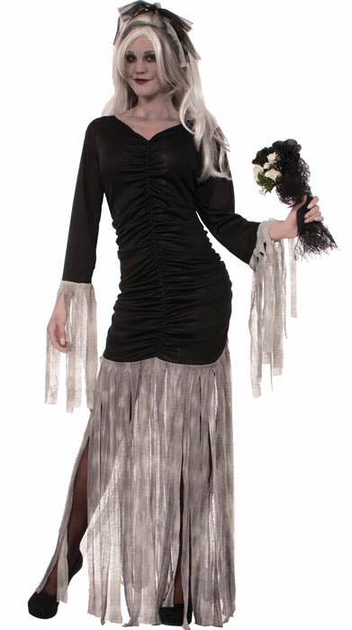 Tattered Black and Grey Reaper Bride Women's Halloween Costume - Main Image