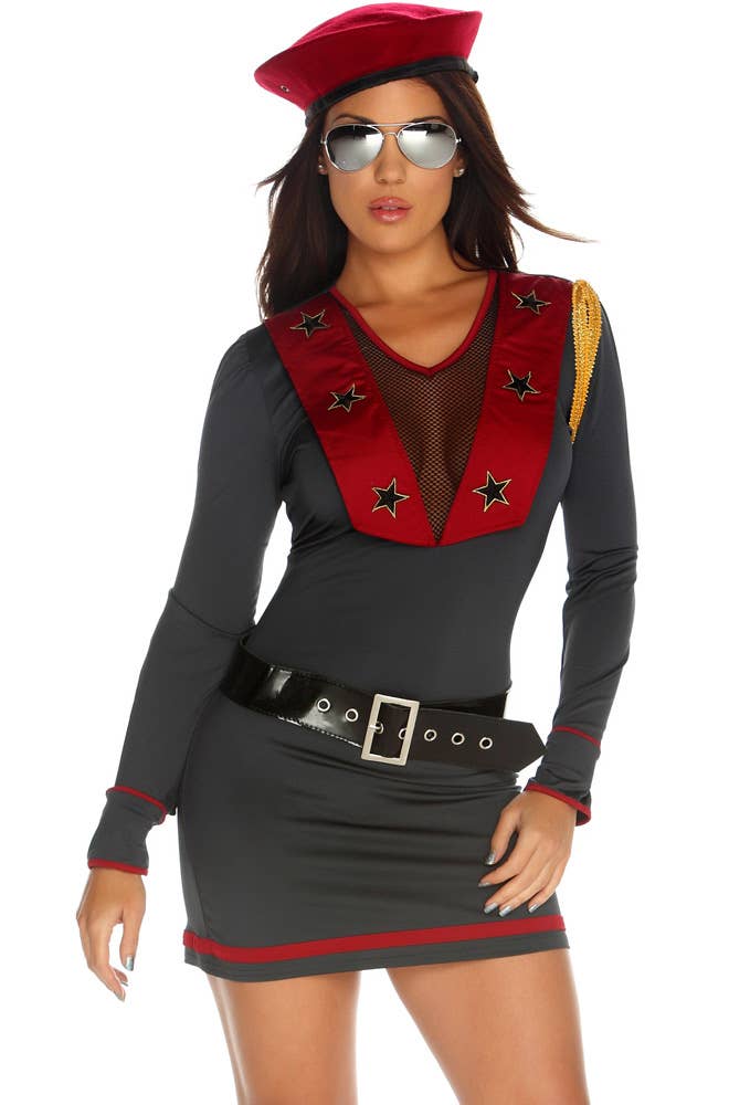 Women's Grey and Red Women's Military Costume - Close Up Image