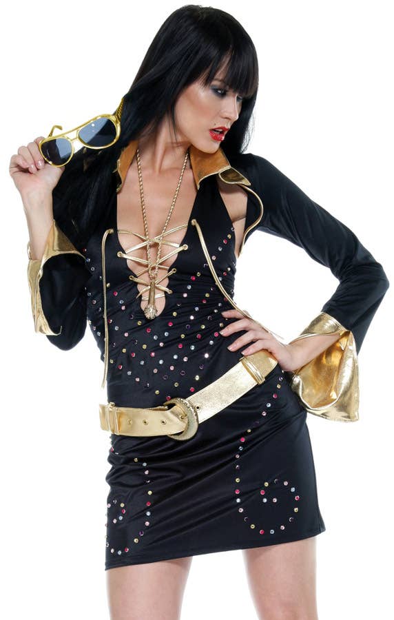 Womens Elvis Superstar Black Vegas Costume for Adults - Close Image