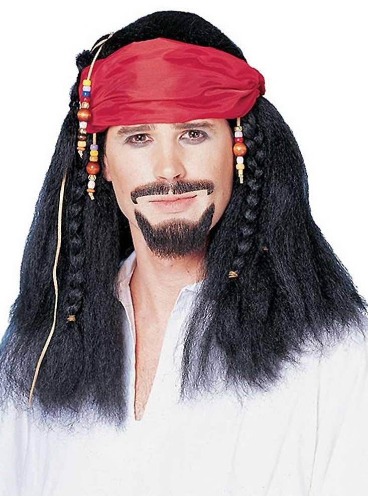 Long Black Buccaneer Pirate Men's Costume Wig with Red Bandanna Main Image