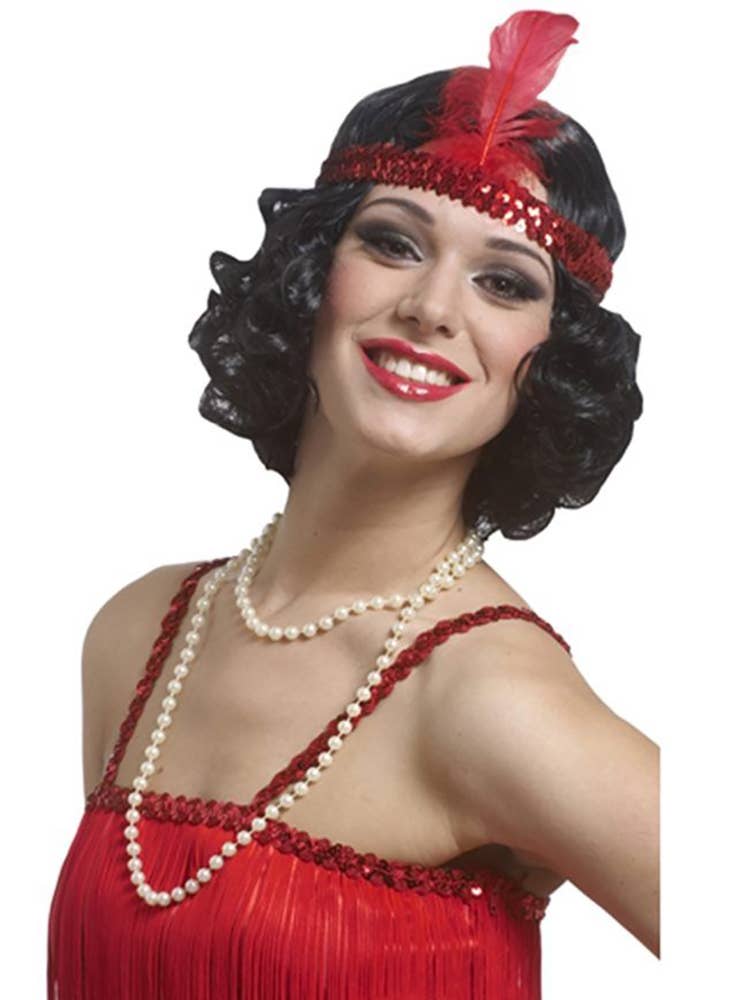 Women's Short Curly Black 1920's Flapper Wig with Red Headband - Main Image