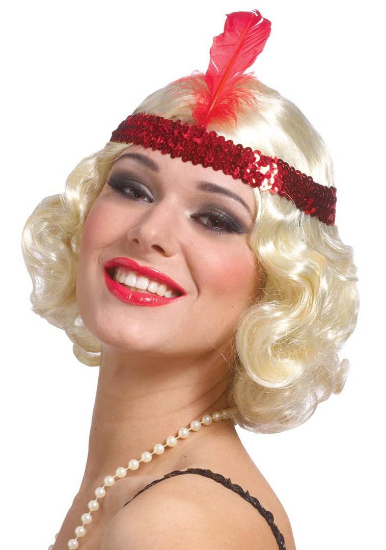Women's Short Blonde Curly 1920's Flapper Wig with Red Headband - Main Image