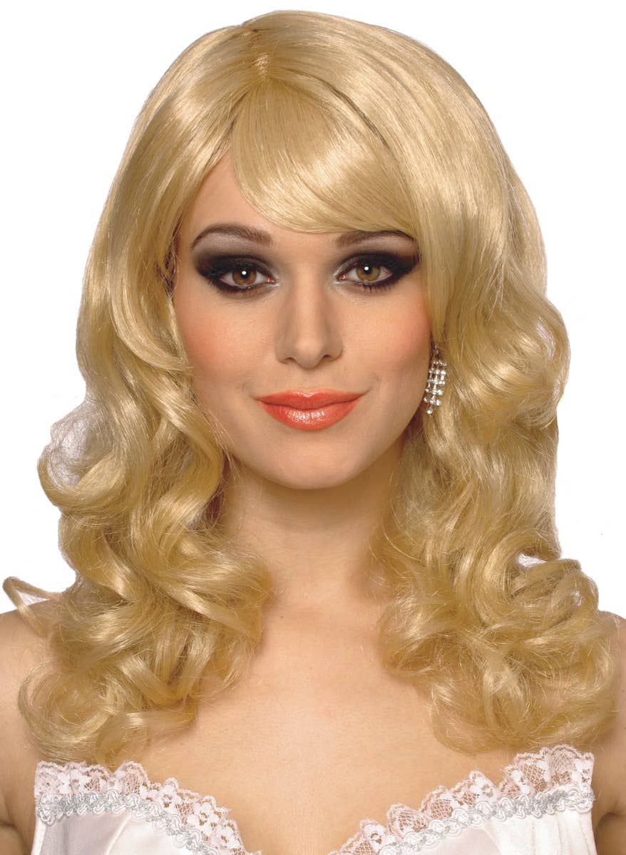 Women's curly blonde costume wig with side fringe main image