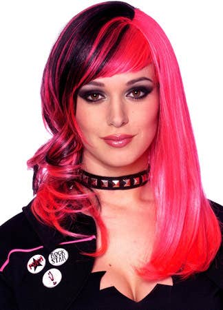 Women's Hot Pink and Black Punked Out Costume Wig with Fringe