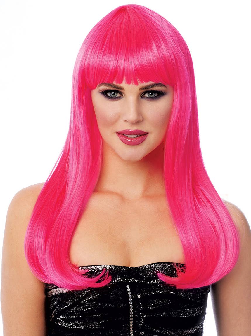 Women's Deluxe Mistress Long Hot Pink Costume Wig with Fringe Main Image