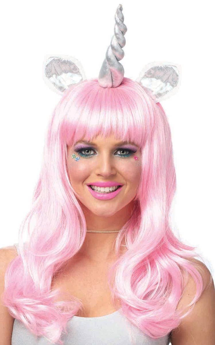 Women's Pastel Pink Magical Unicorn Costume Wig Accessory With Metallic Silver Ears And Horn Main Image