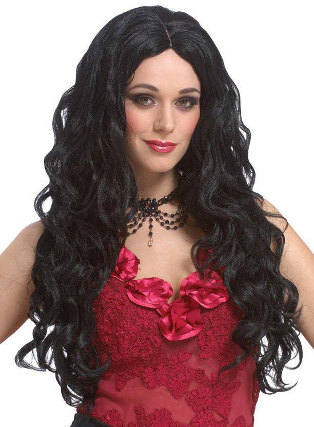 Women's deluxe sultry long wavy black costume wig main image