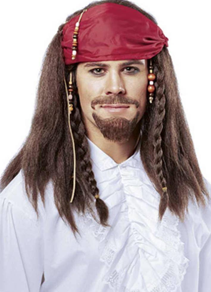 Men's Brown Buccaneer Pirate Costume Wig with Red Bandanna Main Image
