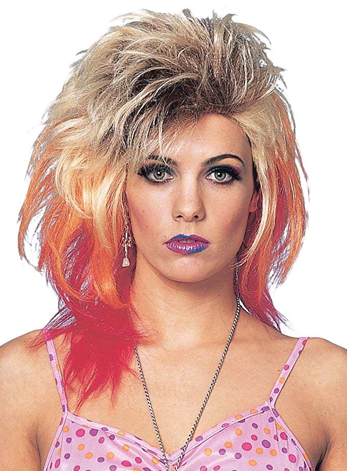 Womens Blonde 80s Glam Wig | 1980s Blonde and Red Mullet Costume Wig