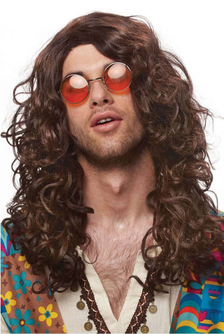 Long Curly Brown 1970's Hippie Wig For Men