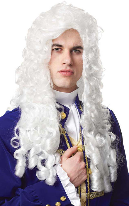 Long White Curly Colonial Costume Wig Front View