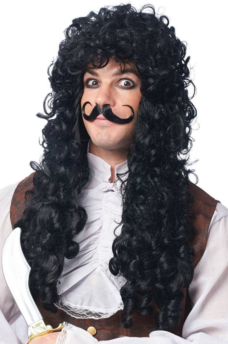 Captain Hook Long Black Curly Costume Wig and Moustache Set For Men