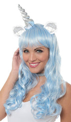 Mystical Pale Pastel Blue Unicorn Wig With Silver Horns And Ears Costume Accessory Main Image