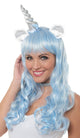 Mystical Pale Pastel Blue Unicorn Wig With Silver Horns And Ears Costume Accessory Main Image