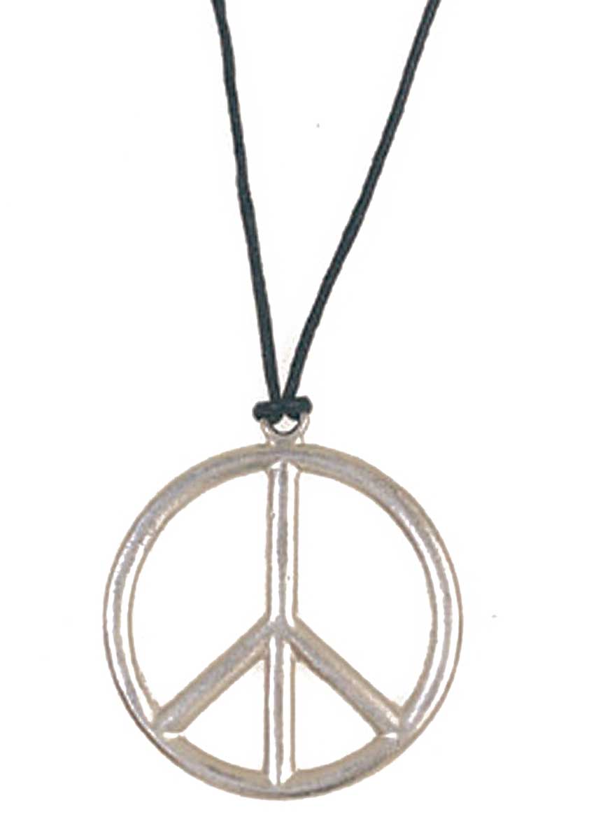 Silver Peace Necklace with Black Strap Front View