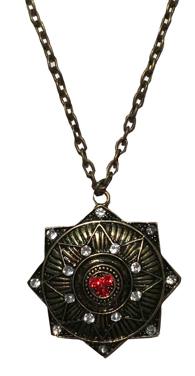 Bronze Vampire Medallion Necklace with Red and White Faux Jewels