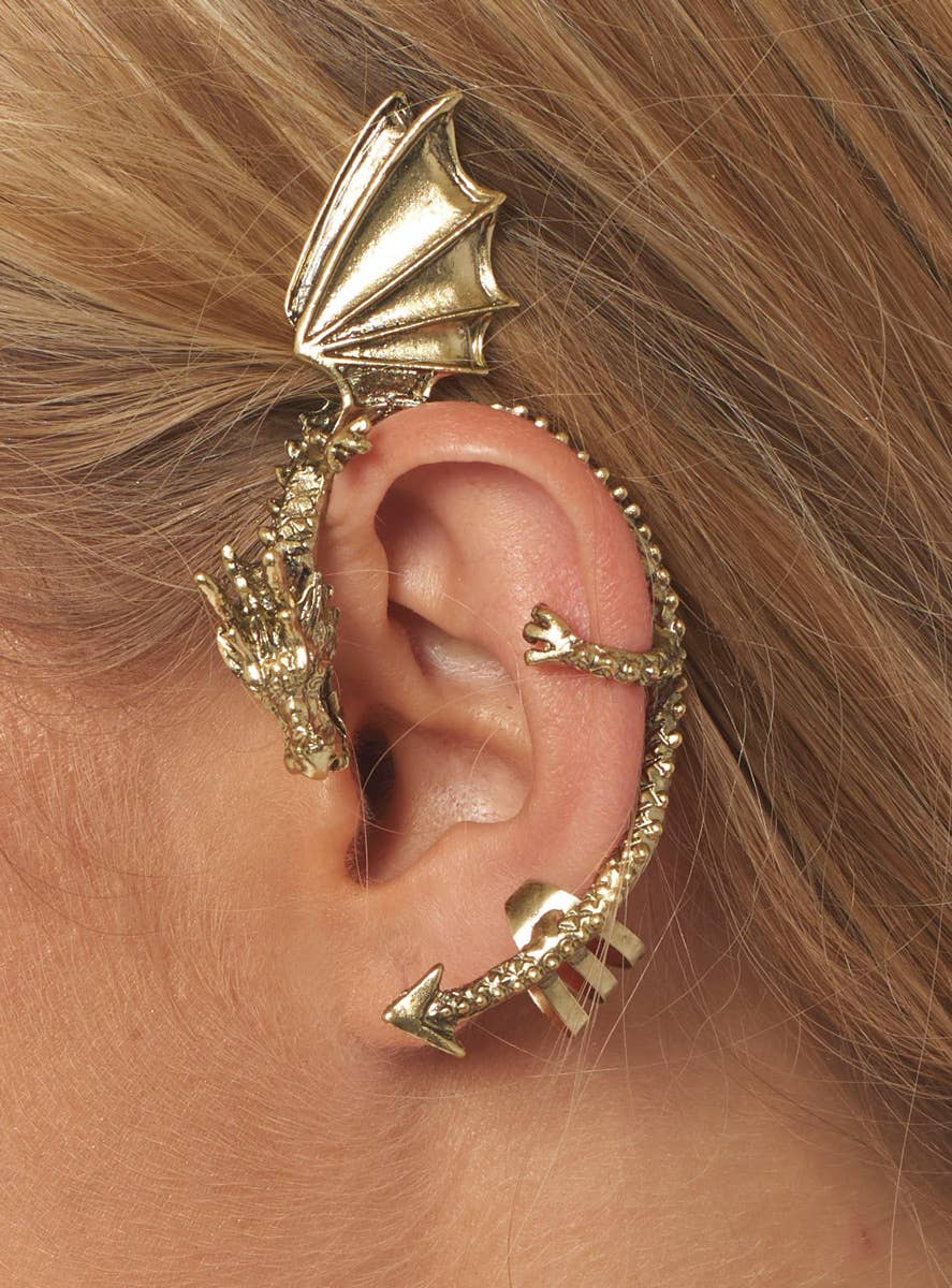 Medieval Fantasy Gold Metal Dragon Ear Cuff Costume Accessory Close Up Image