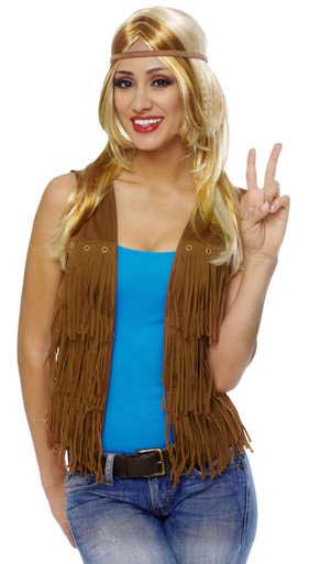 Womens Fringed Brown Hippie Costume Vest - Front View