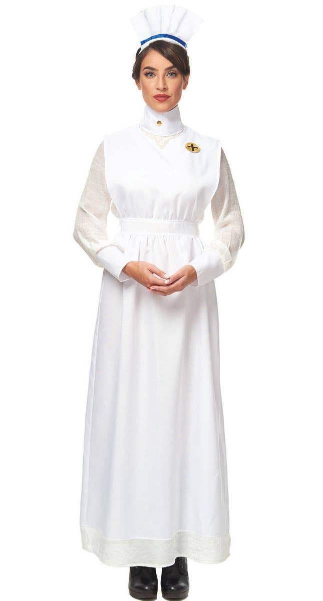 Women's Long White Vintage 1800's Nurse Uniform Fancy Dress Costume Main Image