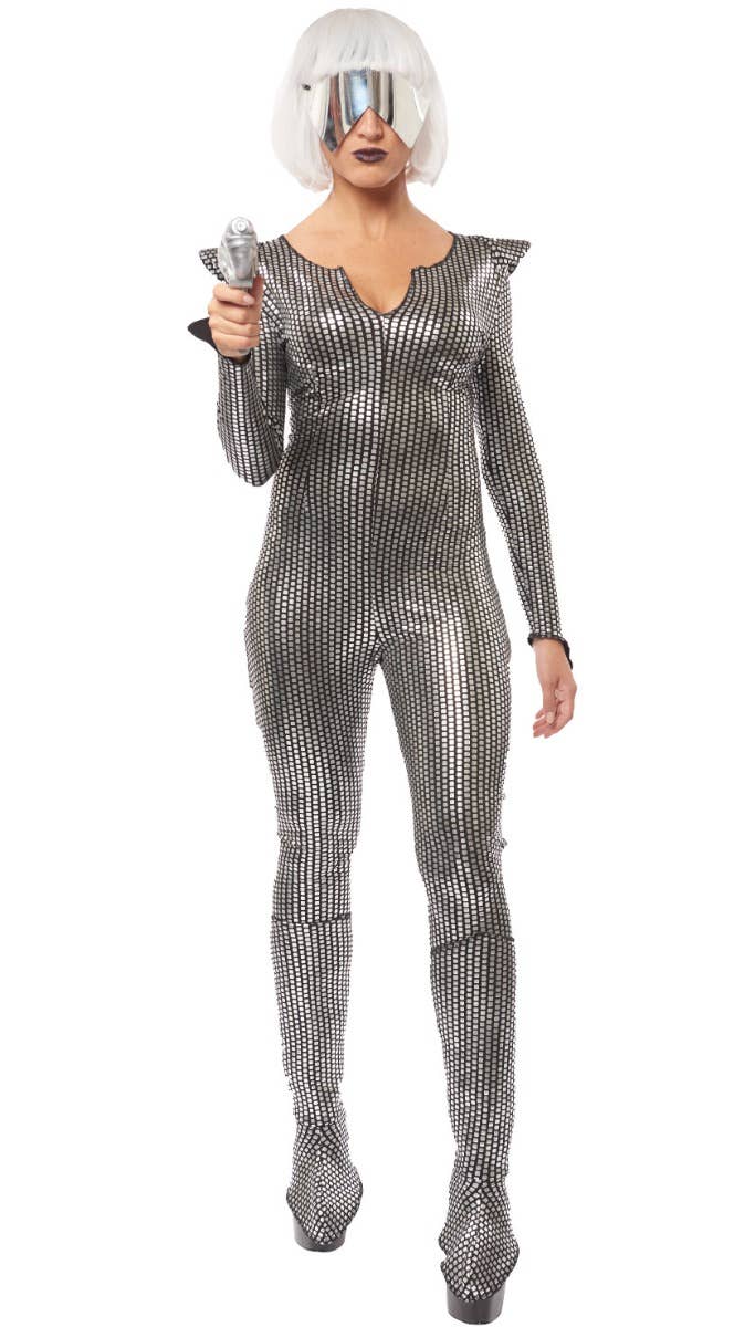 Galaxy Girl Women's Metallic Silver and Black Space Costume Main Image