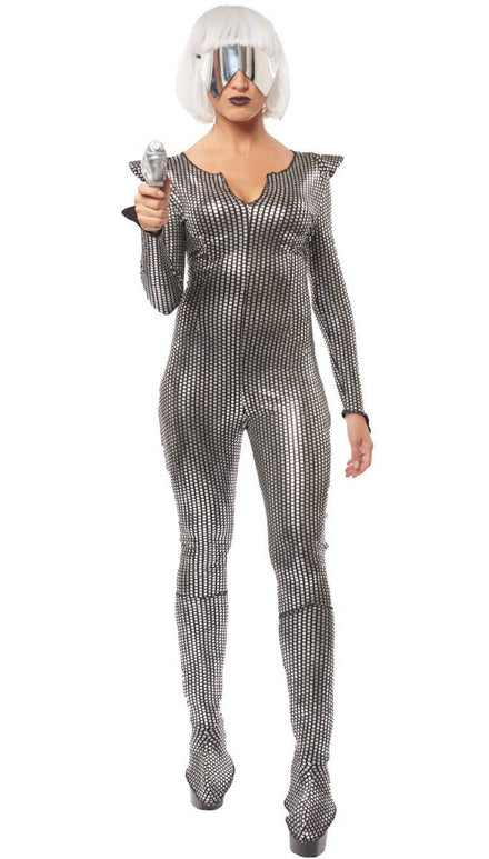 Galaxy Girl Women's Metallic Silver and Black Space Costume Main Image