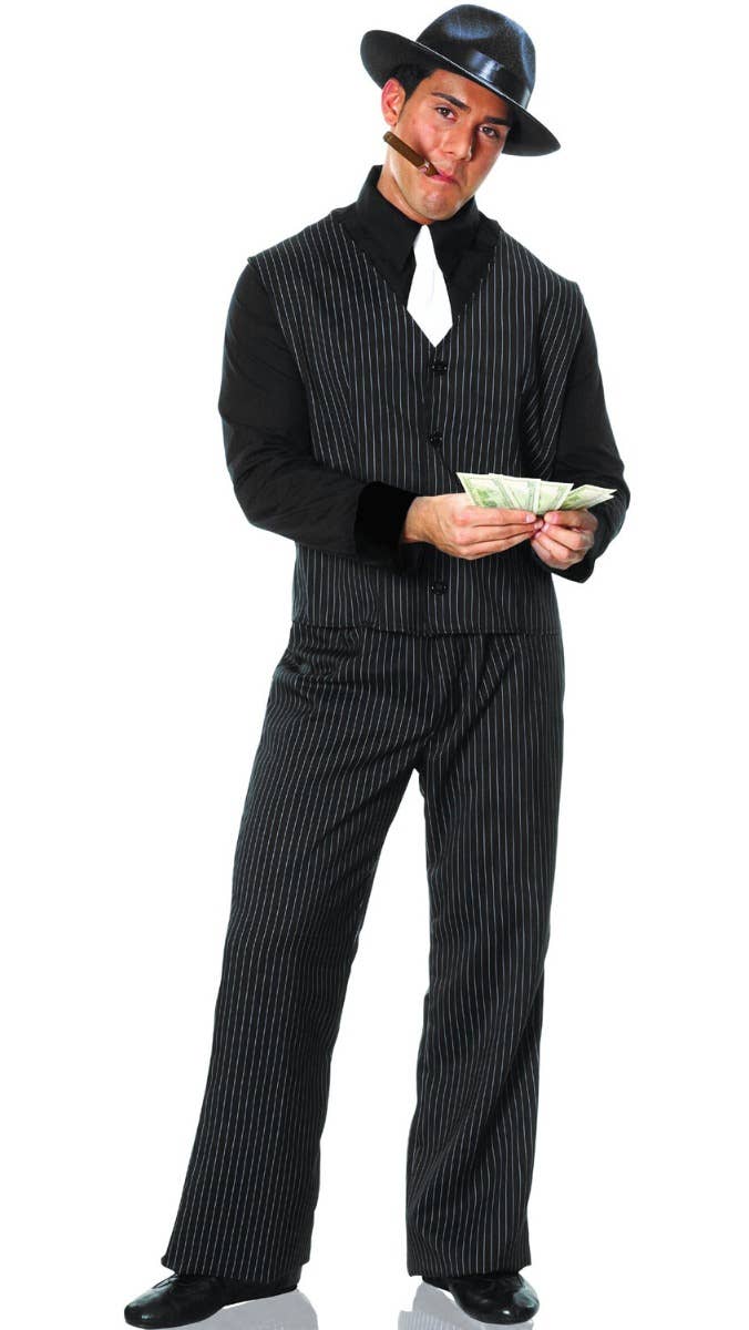 Men's Black and White Pinstripe 1920s Gangster Fancy Dress Costume - Main Image