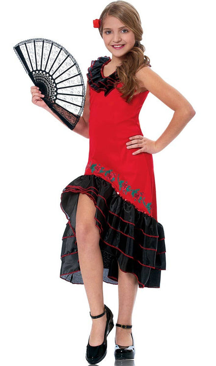 Girls Red and Black Spanish Flamenco Dancer Fancy Dress Costume Main Image