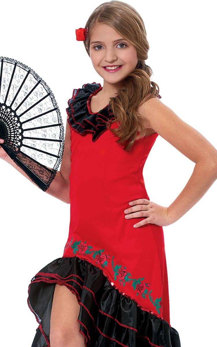 Girls Red and Black Spanish Flamenco Dancer Fancy Dress Costume Close Image