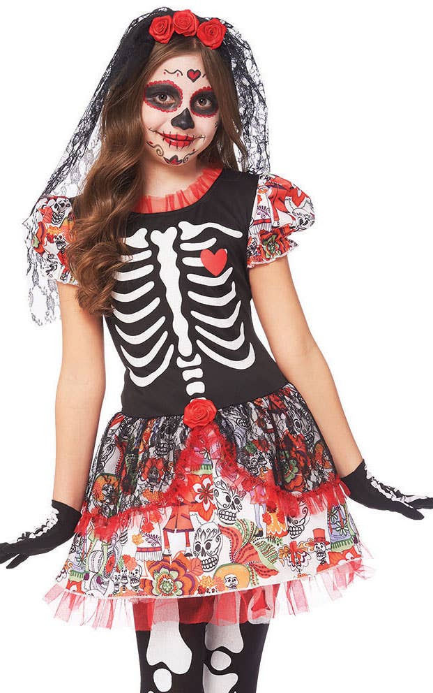 Girls Mexican Sugar Skull Day of the Dead Halloween Costume Close Image