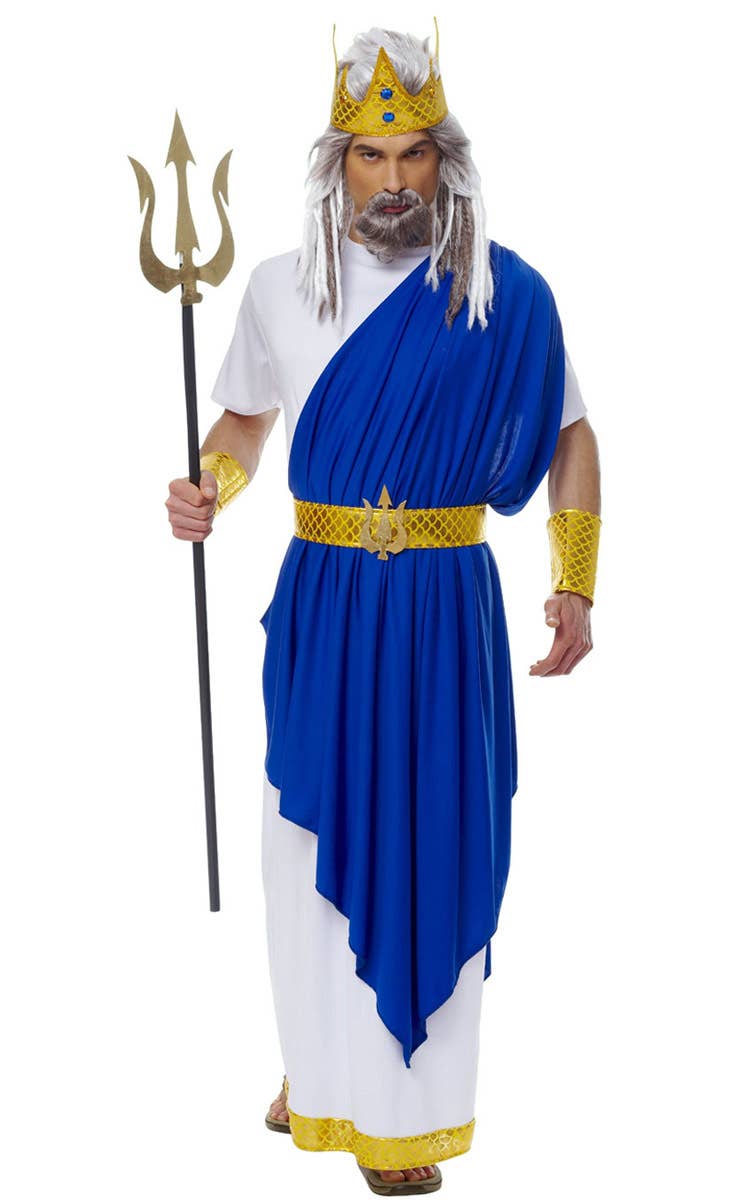 Men's Blue and White Roman God Neptune Toga Costume