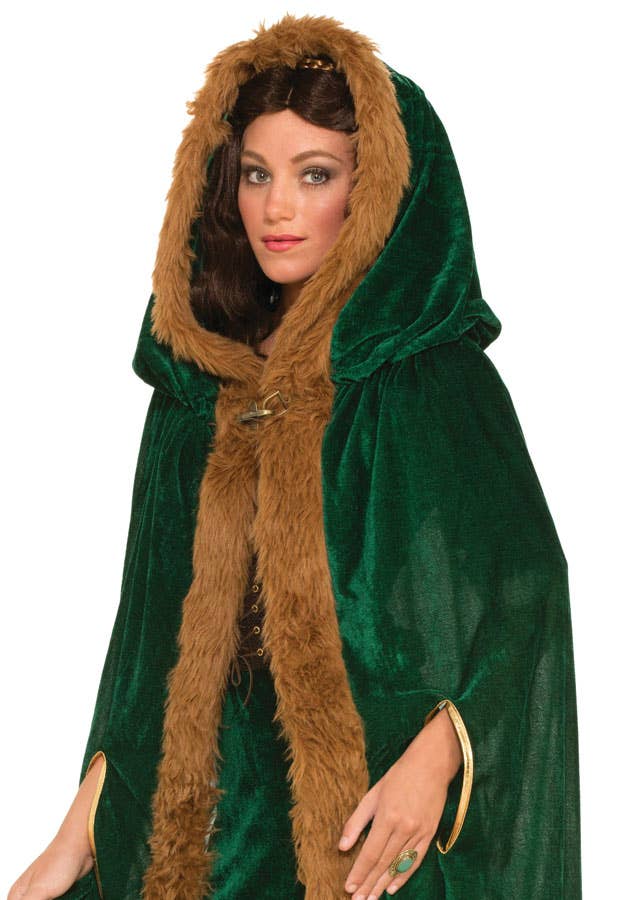 Long Green Velvet Medieval Costume Cape with Brown Faux Fur Trim - Alternative View