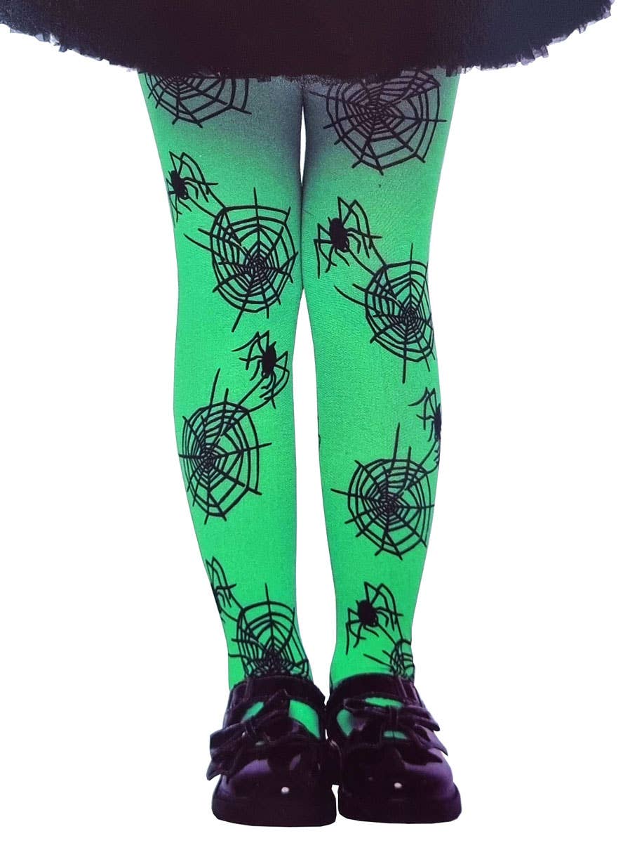 Image of Full Length Green Spider Web Print Girls Halloween Stockings
